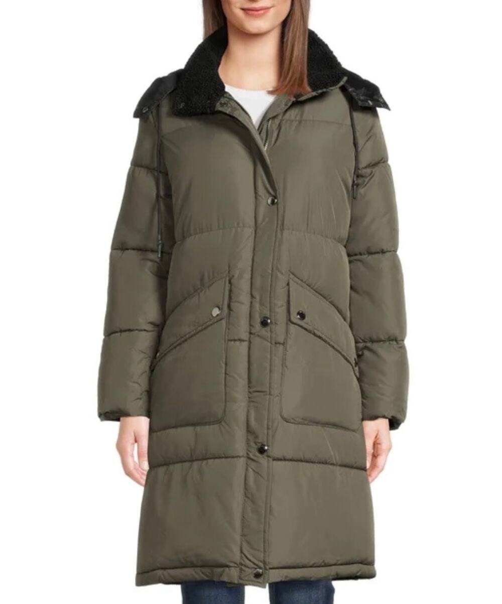 Big Chill Womens Long Puffer Jacket Coat Olive Green Hooded Size M